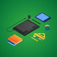 3d machen von Entwerfen Werkzeuge mögen wie Stift Tab mit Smartphone, Bücher, Tee Tasse und geometrisch Elemente auf Grün Hintergrund. vektor