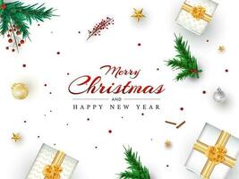 fröhlich Weihnachten und glücklich Neu Jahr Text mit oben Aussicht von Geschenk Kisten, Kiefer Blätter, Kugeln und Beeren dekoriert auf Weiß Hintergrund. vektor