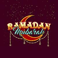 golden und Blau Ramadan Mubarak Schriftart mit Halbmond Mond im Festzelt Beleuchtung, Star Zeichenfolge auf Rotwein Beleuchtung Hintergrund. vektor