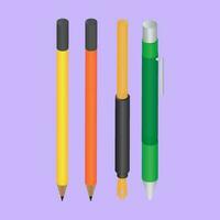 3d illustration av penna, bläck penna och penna på lila bakgrund. vektor
