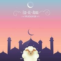 eid-al-adha mubarak begrepp med tecknad serie får, lila moské på lutning bakgrund. vektor