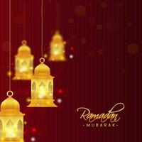 golden Ramadan Mubarak Schriftart mit beleuchtet Laternen hängen auf rot Hintergrund. vektor