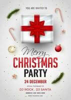 glad jul fest inbjudan kort design med topp se av gåva låda, struntsak, godis sockerrör och händelse detaljer på vit bakgrund. vektor