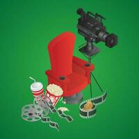3d direktör stol med video kamera, filma rulle, mjuk dryck och popcorn på grön bakgrund. vektor