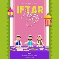 Ramadan kareem iftar Party Einladung Design mit Illustration von Muslim Männer genießen köstlich Lebensmittel. vektor