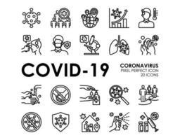 einstellen von Coronavirus Krankheit covid-19 Schutz verbunden Vektor Linie Symbole. eine solche wie covid-19 Verhütung, Coronavirus Symptome, covid Ausbruch, Sozial Distanzierung, editierbar Schlaganfall, Pixel perfekt.