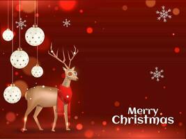 glad jul hälsning kort design med gyllene ren bär scarf, snöflingor och hängande grannlåt dekorerad på röd bokeh belysning effekt bakgrund. vektor