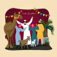 eid-al-adha mubarak begrepp med glad muslim människor karaktär, get och kamel djur- på rödbrun och beige bakgrund. vektor