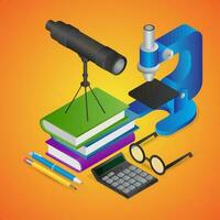 3d utbildning objekt tycka om som böcker med teleskop, mikroskop, kalkylator och glasögon på orange bakgrund. vektor