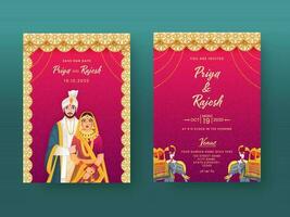 indisk bröllop inbjudan kort i mandala mönster med par karaktär och mötesplats detaljer. vektor