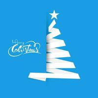 font av glad jul text med kreativ xmas träd tillverkad förbi vit band på blå bakgrund. vektor