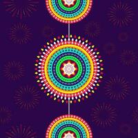 färgrik mandala hänga på lila fyrverkeri mönster bakgrund. vektor