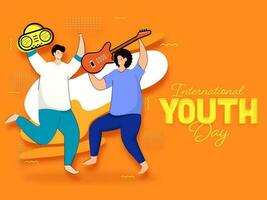tecknad serie karaktär av två ung pojke innehav gitarr och radio i dans utgör på orange bakgrund för internationell ungdom dag. vektor