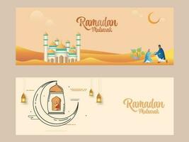 Ramadan Mubarak Feier Banner Design mit Moschee Illustration, Halbmond Mond und Muslim Männer Charakter auf Hintergrund. vektor