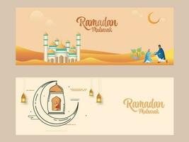 ramadan mubarak firande baner design med moské illustration, halvmåne måne och muslim män karaktär på bakgrund. vektor