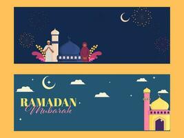 Ramadan Mubarak Header oder Banner Design mit Moschee Illustration, Muslim Mann und Frau Angebot namaz Gebet auf Blau Hintergrund. vektor