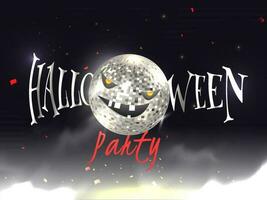 Kalligraphie Text von Halloween Party mit unheimlich Disko Ball auf rauchig Feuer Funke Hintergrund. vektor