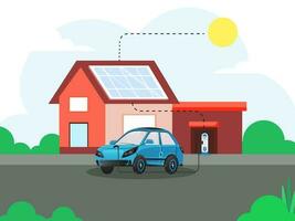 3d Rendern elektrisch Auto Laden beim Bahnhof mit Solar- Haus und Sonnenschein zum Elektromobilität Konzept. vektor