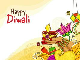 Lycklig diwali hälsning kort med kvinna hand innehav belyst olja lampa, kandeel hänga, smällare, blommig dekorerad på gul och vit bakgrund. vektor