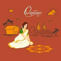 glücklich Onam Feier Hintergrund mit Süd indisch Frau Herstellung ein Rangoli und Haus Illustration. vektor