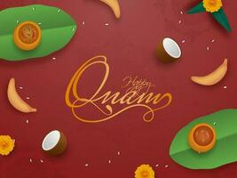 golden glücklich Onam Schriftart mit oben Aussicht von Essen abd Früchte dekoriert auf rot Hintergrund. vektor