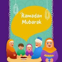 islamisch Familie feiern Ramadan Festival mit Süßigkeiten auf bunt Hintergrund. vektor