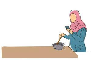 enda ett linje teckning skön arab kvinna håll plast kopp och dryck iced grön te med sugrör. göra henne uppfriskande i sommar säsong. modern kontinuerlig linje dra design grafisk vektor illustration