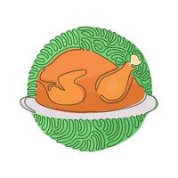 einzelne einstrichzeichnung huhn gebraten auf platte. gebratenes Geflügelschild. Essen für Galadinner oder Thanksgiving. Wirbel-Curl-Kreis-Hintergrundart. grafische Vektorillustration des durchgehenden Liniendesigns vektor