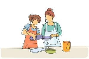 Eine einzige Linie, die Mutter und Tochter zeichnen, gießen Öl in eine Pfanne, die von einem von ihnen gehalten wird. Kochvorbereitung in der gemütlichen Küche zu Hause. durchgehende Linie zeichnen Design-Grafik-Vektor-Illustration vektor