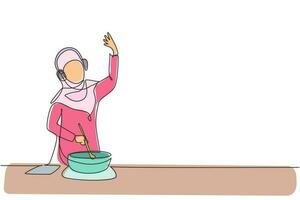 kontinuerlig ett linje teckning ung skön arab kvinna dricka orange juice medan framställning telefon ring upp med smartphone och har frukost på Hem. enda linje dra design vektor grafisk illustration
