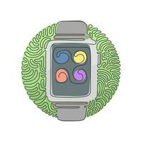 kontinuierliche einzeilige zeichnung der smart watch-geräteanzeige mit app-symbolen. smart watch tragbare technologie. Wirbel-Curl-Kreis-Hintergrundart. einzeiliges zeichnen design vektorgrafik illustration vektor