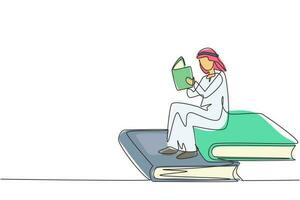 einzelne eine linie, die junge arabische studenten männlich liest, lernt und auf großen büchern sitzt. in der Bibliothek studieren. Literaturfans oder -liebhaber. moderne durchgehende Linie zeichnen Design-Grafik-Vektor-Illustration vektor