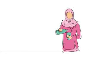 kontinuerlig ett linje teckning skön arab kvinna häller orange juice in i glas från flaska medan har frukost på Hem. friska livsstil. enda linje dra design vektor grafisk illustration