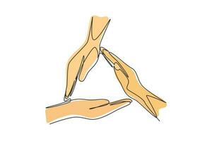enda kontinuerlig linjeteckning tre palmhänder gör triangel ram form. symbol för säkerhet. kommunikation med handgester. ickeverbala tecken. dynamisk en rad rita grafisk design vektorillustration vektor