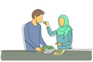 enda kontinuerlig linjeteckning vackra arabiska fru matar sin man mat och framför honom är skål fylld med sallad. laga mat tillsammans i köket. en rad rita grafisk design vektorillustration vektor