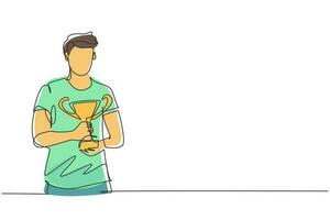 Single One-Line-Zeichnung männlicher Athlet mit Sporttrikot, der mit beiden Händen eine goldene Trophäe hält. feiert den Sieg des Landeswettbewerbs. durchgehende Linie zeichnen Design-Grafik-Vektor-Illustration vektor