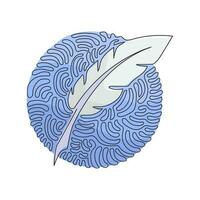 Single One Line Drawing Vintage Feather Quill Pen Logo mit schwarzem Tintenstrich, Scratch-Symbol, klassische Schreibwarenillustration. Wirbel-Curl-Kreis-Hintergrundart. Designgrafik mit durchgehender Linie vektor