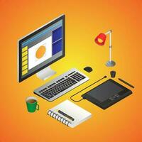realistisk design verktyg av dator med grafisk läsplatta, tabell lampa, anteckningsbok och te kopp på glansig orange bakgrund. vektor