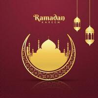 Ramadan kareem Konzept mit golden Ornament Halbmond Mond, Silhouette Moschee und Laternen hängen auf rot Hintergrund. vektor