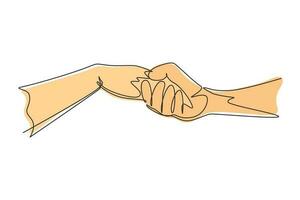 enda en rad ritning man och kvinna håller sina händer. tecken eller symbol för kärlek, omtanke, vänskap. kommunikation med handgester. modern kontinuerlig linje rita design grafisk vektorillustration vektor