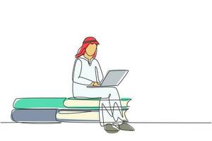 kontinuierliche eine zeilenzeichnung junger arabischer mann, der mit laptop studiert und auf einem großen buch sitzt. zurück zur Schule, intelligenter Schüler, Online-Bildung. Einzeilige Zeichnung Design Vektorgrafik Illustration vektor