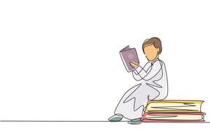 enda kontinuerlig linjeteckning arabisk liten pojke som läser, lär sig och sitter på stora böcker. studera hemma. smart student, utbildning koncept. dynamisk en rad rita grafisk design vektorillustration vektor