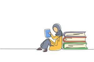 enda kontinuerlig linjeritning arabisk liten flicka som läser, lär sig och ryggstöd på en hög med stora böcker. studera hemma. smart student, utbildning. dynamisk en rad rita grafisk design vektorillustration vektor