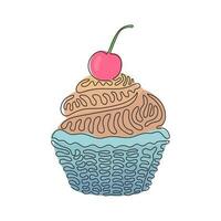 einzelne durchgehende linie zeichnet leckeren cupcake mit kirsche. süßer leckerer Kuchen. leckeres Dessert zum Abendessen. Snack zum Geburtstag. Swirl-Curl-Stil. dynamische einzeilige abgehobene betragsgrafikdesign-vektorillustration vektor