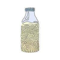 einzelne durchgehende Linienzeichnung geschlossene Glasflasche mit natürlicher Milch. Flasche frische Milchkuh. Milchprodukt, das zum Frühstück verwendet wird. Swirl-Curl-Stil. dynamische einzeilige Grafikdesign-Vektorillustration vektor
