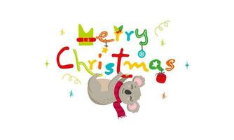 eleganta färgrik glad jul font med tecknad serie koala Björn, järnek bär, gåva låda hänga på vit bakgrund. vektor