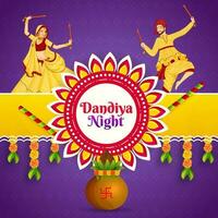 Dandiya Nacht Party Poster oder Vorlage Design mit Illustration von Paar Dandiya tanzen und Anbetung Kalash auf lila Hintergrund. vektor