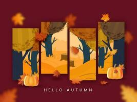 Hallo Herbst Konzept mit Kürbisse, Ahorn Blätter und Baum auf rot Hintergrund. vektor