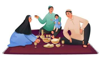 muslim familj njuter iftar eller suhoor måltid tillsammans på matta. vektor