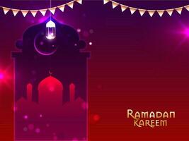 Ramadan kareem Konzept mit Silhouette Moschee, Halbmond Mond, zündete Laterne hängen auf lila und rot Licht bewirken Hintergrund. vektor